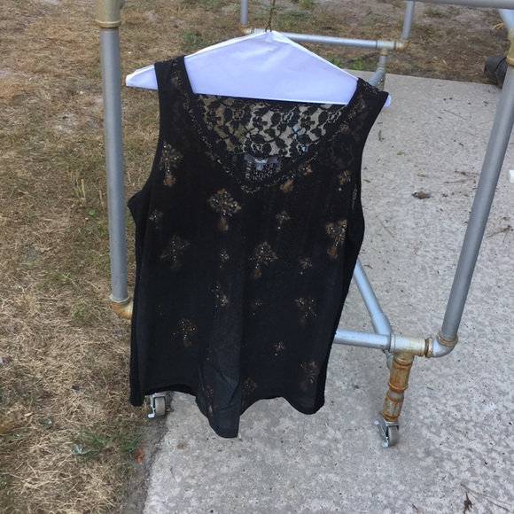 Miss Me Black Lace Tank w Gold Cross & Gold Rivets - Picture 5 of 7